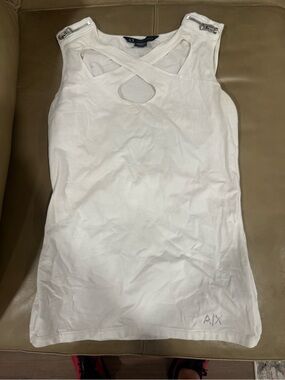 Armani Exchange White Crisscross Keyhole Tank with Shoulder Zippers